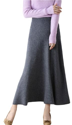 Ailaile Jupe longue pour femme - Automne et hiver - 100 % laine mérinos - Jupe tricotée - Jupe côtelée élastique solide et chaude, gris foncé, Taille XL