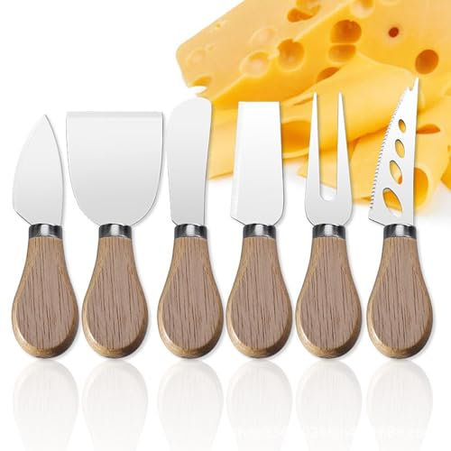 Rixotix Käsemesserset Set, 6 Stück Käsemesser Kollektion aus Edelstahl mit Teakholzgriffen für Weichkäse, Schnittkäse, Kuchen, Dessert, Käsesalat
