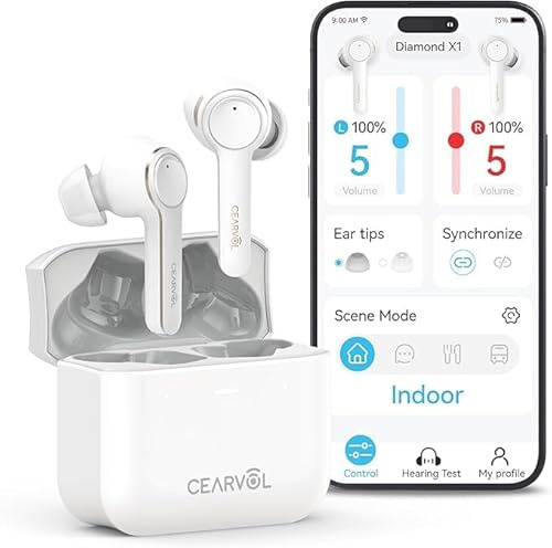 Cearvol OTC Hearing Amplifiers for Adults with Bluetooth Customizable App Streaming Ability iOS Android App Rechargeable with Portable Charging Case for Mild to Moderate Hearing Loss (White)