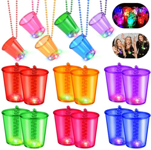 12 Stück LED Schnapsglas mit Kette, Schnapsgläser Zum Umhängen LED, Bunte Leuchtende Partybecher mit Kette, Shot Glass Necklace, für Fasching, Bachelorette Party, Braut Dekoration, Neon Party