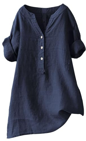 Överdimensionerade skjortor för kvinnor, linneblusar för kvinnor, plus storlek, V-hals, lösa blusar i bomull och linne sommarblusar 3/4 långärmade sommarskjortor, Marinblå, XL