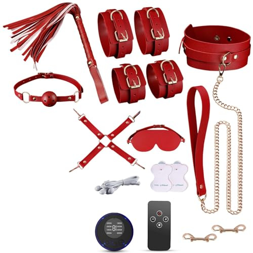 BDSMYEE Nuovo set di restrizioni per bondage, 10 set con dispositivo di elettrostimolazione, set di restrizioni per il sesso, giocattolo BDSM, giocattolo sessuale erotico duro (Rosso)