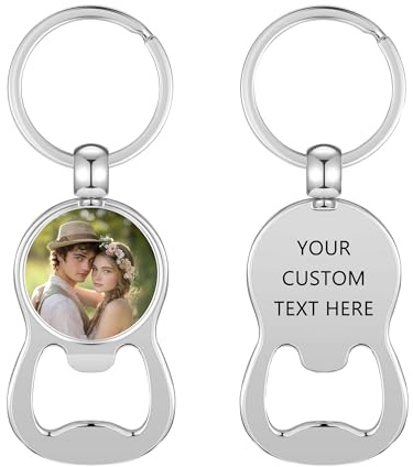 Filhome Flaschenöffner Personalisiert Schlüsselanhänger mit Foto Bieröffner Metall Kapselheber Geschenke für Männer Papa Frauen (Rund)