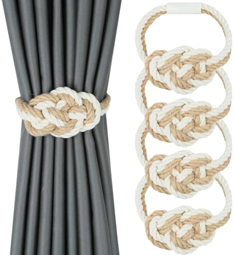 Confezione da 4 fermatende magnetici in iuta naturale, stile boho rustico decorativo, legacci per tende per casa e ufficio (iuta + cotone)