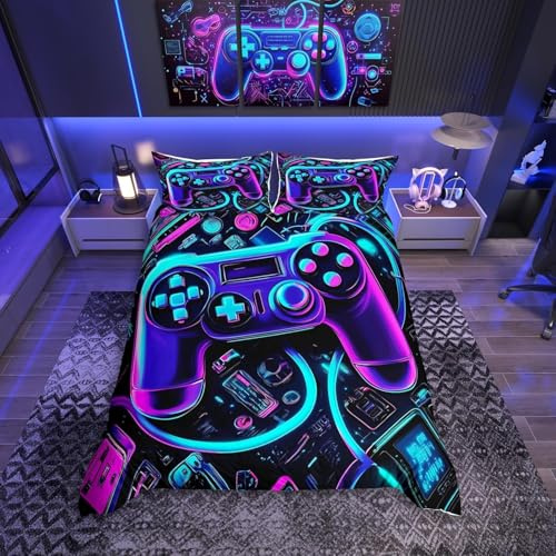 Homemissing Gamer Housse de Couette 200x200cm Neon Gaming Ensemble de Literie pour Enfants Garçons Filles Jeux Parure de Lit contrôleur de Jeu Parure de Lit