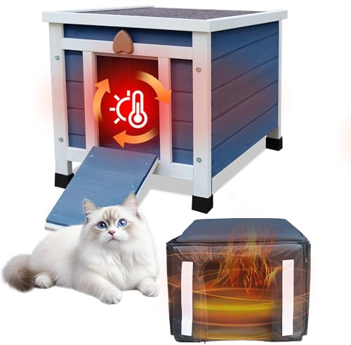 Rockever Outdoor Cat House, Insulated Outdoor Cat House with Warm Liner for Winter, Weatherproof Rabbit Hutch Bunny Cage, Wooden Outside Shelter for Feral Cats, Rabbits-Blue