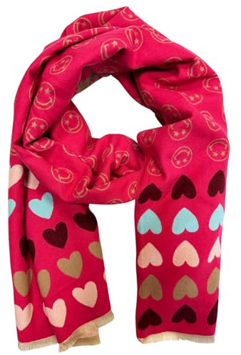 Jeamis XXL Smiley Love Herz Muster Wendeschal Strickschal Warmer Winter Schal Fashion Tuch Herbst Frühling Stola Wolle mit Fransen Smile
