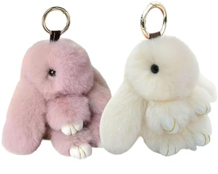 ueqtuiof 2 Stück Plüsch-Has-en-Schlüssela-nhänger,Mini-H-ase Bunny Schlüss-elanhänger, Flauschiges Kunstfell Schlüsselanhänger,Plüsch-Hasen-Schlüsselanhänger Für Frauen Und Mädchen