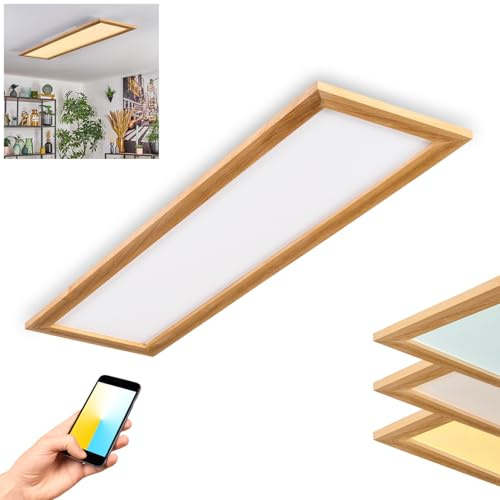 HOFSTEIN LED Deckenpanel Belan, dimmbare Deckenleuchte aus Metall/Holz/Kunststoff in Weiß/Natur, 37 Watt, 3900 Lumen, 2700-6500 K, CCT einstellbar, Smart Home/App, Wohnzimmer, Schlafzimmer, Küche