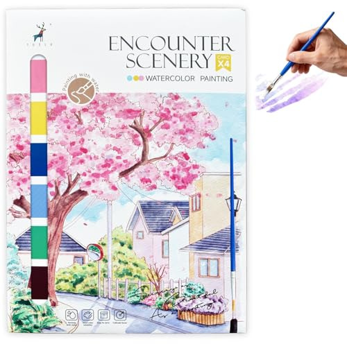 JanFebMar Pintura con Libros Agua, Bloc de Acuarelas Adultos Principiantes, Block de Papel Para Acuarela con 16 Colores Incluidos, Libro Anti Estrés Para Relajación y Pintura