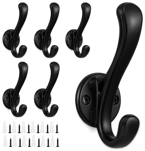 Dntorx 6 Pack Wall Mounted Towel Hooks, Black Heavy Duty Metal Coat Hooks