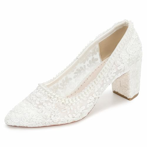 Bridaluxe 6351 Women’s Closed Toe Wedding Shoes 2.56 Inch Block Heel Lace Pearl Bridal Pumps Elegant Comfortable Heels Color Ivory,Size 9 B(M) US/40 EU