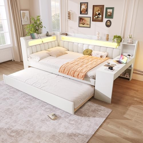 RIAZOS Polsterbett Schlafsofa 140x200 cm, Daybett mit Schreibtisch und Ausziehbett, Tagesbett mit LED und USB-Anschluss, Funktionsbett Gästebett mit Lattenrost, ohne Matratze, Weiß