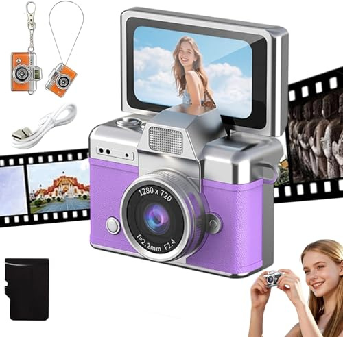 2026 New Mini Digital Camera with 1.47 in LCD Screen, Photo Creator Mini Cam Digital Camera with Built-in Flash & Flip Display, 1080P CCD Retro Camera for Travel Study Concert Daily (Purple)