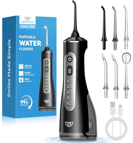 JTF Munddusche Kabellos Elektrische 300ML Wassertank, 10 Stufen Stufenlose Modi Testsieger 2026, IPX8 Tragbar Zahnreiniger Waterflosser & 6 Düsen für Oral Health Enthusiasten Tägliche Pflege(Schwarz)