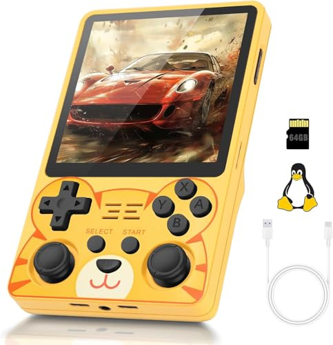 RGB20SX Console de Jeu Portable Rétro, avec 20 000 Jeux, écran IPS Linux de 4 Pouces, Prise en Charge de la Console HDTV, Sortie TV, Carte TF de 64 Go, Jaune