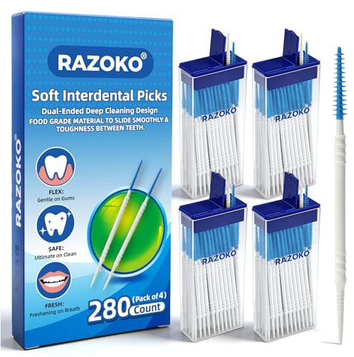 Weiche Silikon-Interdentalbürsten, doppelseitige Picks für Spangen, Blau | 2-in-1 Silikonborsten & Texturierter Pick, Zahnfleischmassage, ergonomischer Griff, Hygieneboxen, 280 Stück (4er-Pack)
