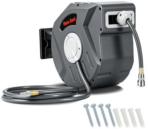 Peviasot Enrouleur de tuyau d'air comprimé 20 + 2 m automatique, enrouleur de tuyau d'air comprimé 3/8, tuyau PVC 9,5 x 15 mm, max. 18 bar, raccord rapide 1/4, orientable à 180°, montage mural, gris