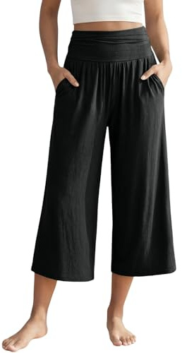 Pantacourt Femme Été en Coton et Lin Pantalon 3/4 Fluide Taille Haute | Élastique Ample Léger Respirant Capri Pantalon Yoga Chic et Élégant Jambe Large Confortable Pant Palazzo pour Plage Pilattes