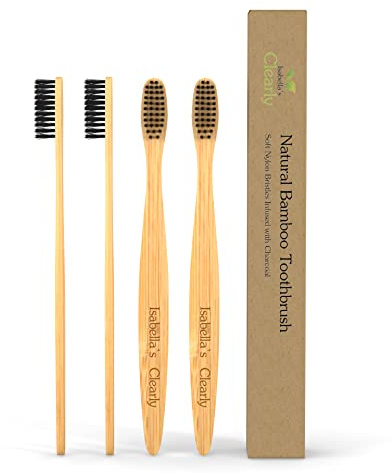 Clearly BAMBOO, Spazzolino da Denti in Legno | Setole Infuse al Carbone Extra Morbide, Senza BPA, Nylon Vegano | Sbiancamento Dentale, Ideale per Gengive Sensibili (Confezione da 4 Famiglie)