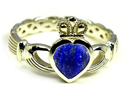 Irischer Claddagh-Silberring mit natürlichem Edelstein, Freundschaftsring, 55 Karat, Größe 5 bis 12, Silber, Lapislazuli