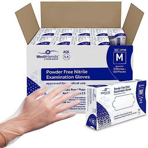 MediHands Vinyl Clear Gloves, Box of 1000 - Disposable Vinyl Gloves Medium - Powder Free, Latex Free, & Protein Free Clear Gloves - Multi-Purpose, Single Use