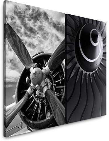 Paul Sinus Art Wandbild 2 teilig je 60x90cm Propeller Turbine Flugzeug Fliegen Schwarz Weiß Technik Mechanik