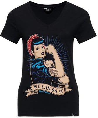 Queen Kerosin Damen Kurzarm T-Shirt Vintage Print We Can Do It V Ausschnitt Slim Fit Retro Empowerment 50s Rockabilly Rockabella 1950s We Can Do It