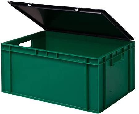Stabil professionell förvaringslåda, stapellåda, eurolåda, stapellåda med lock, plastlåda, finns i 5 färger och 21 storlekar för industri, affärer, hushåll (grön, 60 x 40 x 28 cm)
