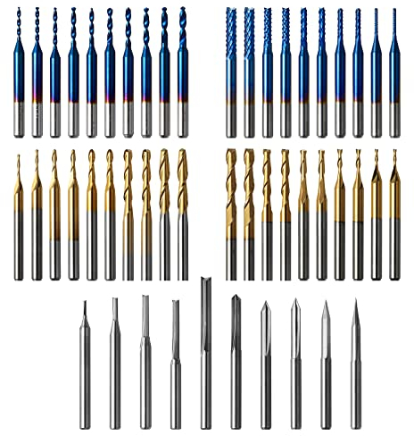 Genmitsu 50 Stück Hartmetall CNC Fräser-Satz, 1/8 Zoll Schaft 2-Flute Schaftfräser, Kugelfräser & Spiralfräser, PCB Drill Router Bits & V-Groove Gravierfräser, MC50A