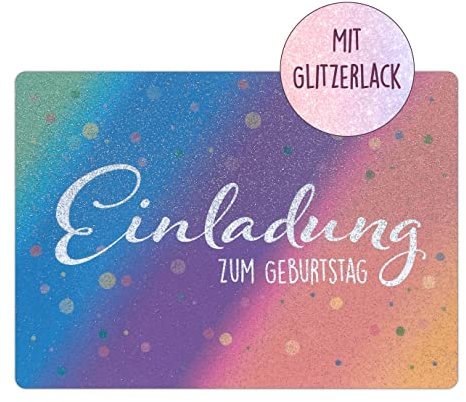 CALLUNA® – 12 Einladungskarten zum Kindergeburtstag mit Glitzerlack – Bunte Einladung zur Geburtstagsfeier – Geburtstagseinladungen – Partyeinladungen – Glitzerkarte