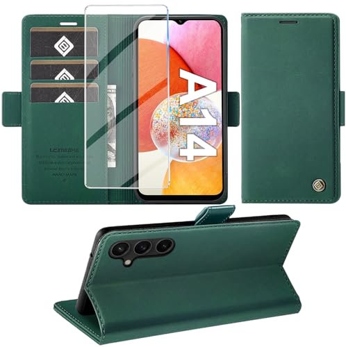 Giyer Handyhülle für Samsung Galaxy A14 5G/4G Hülle mit Schutzfolie, Standfunktion Kartenfach Wallet Premium Leder Schutzhülle A14 5G Flip Case Cover Stoßfeste Klapphülle A14 6.8 Zoll (Grün)