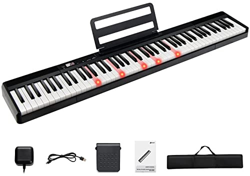 RELAX4LIFE Teclado electrónico iluminado de 88 teclas, piano digital portátil de tamaño natural con bolsa, lectura, pedal de soporte, cargador, USB/MIDI / MP3, modo didáctico