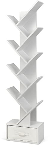 GYMAX Libreria ad Albero in Legno, Scaffale per Libri a 10 Ripiani, Cassetto Pieghevole Rimovibile e Base Cava, Organizer per Salone Ufficio Camera da Letto (Bianco, 38 x 20 x 149,5 cm)