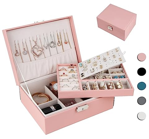 Homtibrm Schmuckkasten, Schmuckkästchen mit 2 Ebenen, PU-Leder Schmuckbox Schmuckschatulle Groß Schmuck Organizer für Ringe Ohrringe Armbänder Halsketten, Rosa