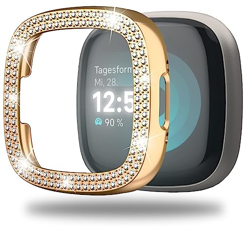 Miimall Hülle Kompatibel mit Fitbit Versa 4 Hülle/Fitbit Sense 2 Hülle, Glitzer Strass Diamant Harter PC Schutzrahmen Stoßfest Damen Schutzhülle für Fitbit Versa 4/Fitbit Sense 2 -Gold