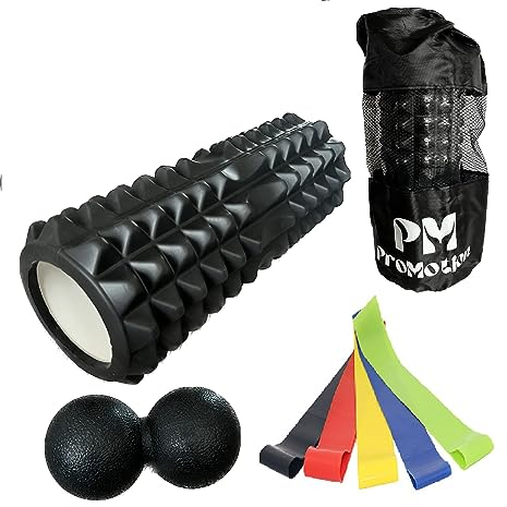 PM-ProMotion 4-In-1 Faszien Massage Übung-Set: 1x Faszien- / Massagerolle ⌀13cm x 33cm aus EVA-Schaumstoff, 1x Duoball ⌀5,5cm x 11cm, 5 Widerstandsbänder 60cm. 1x Tragetbeutel mit Griff (Schwarz)