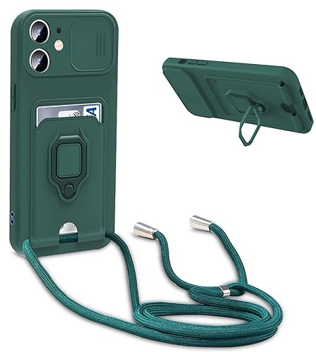 YFSYLL Handykette Schutzhülle kompatibel mit iPhone 12/iPhone 12 Pro Handyhülle mit Band,Silikon Handyhülle Case mit Schiebe Kameraschutz,360 Grad Ringhalter Stand,Kartenfach,Dunkel Grün