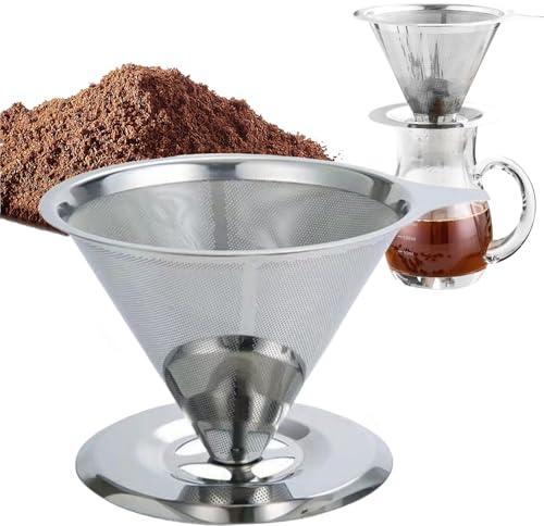 Pour Over Coffee Filter Double Layer Stainless Steel Reusable Coffee Dripper Paperless Drip Cup Coffee Maker Large 4-6 Cup