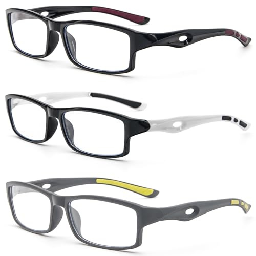 KoKoBin pack de 3 lunettes de lecture rectangulaires Design sportif TR90 flexible anti-lumière bleue Aide à la lecture Femme pour Homme