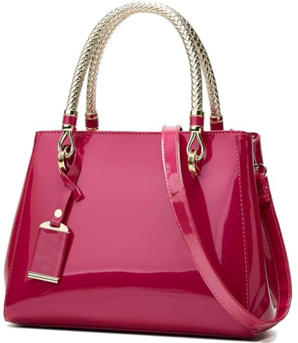 XingChen Glänzende Damen-Handtasche aus glänzendem Lackleder, mit Tragegriff oben, mittelgroß, Umhängetasche, Abendtasche, Partytasche, Rose, Einheitsgröße