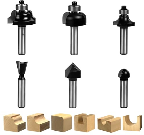 Fresa de cantos con vástago de 8 mm, 6 fresas redondeadas, patrón de plantilla, fresadora de rodamientos, fresadora de madera, fresadora de chaflanes, cortador de bordes redondos con punta de metal