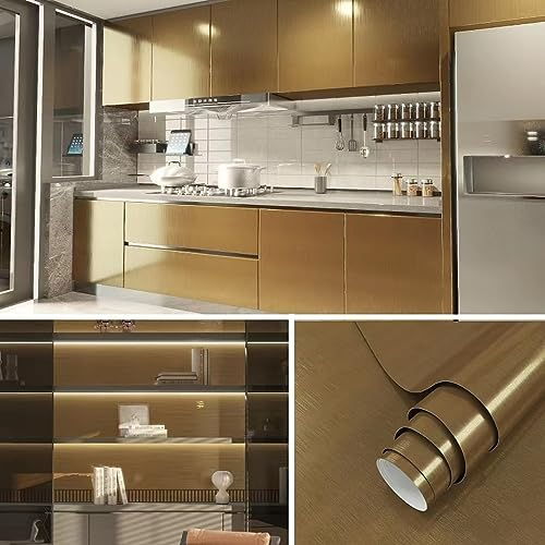 VIOPVERY Gold Stainless Steel Contact Paper Wallpaper Peel and Stick Wall Paper Waterproof Easily Removable Self-Adhesive Film Wall Covering for Metal Surface Kitchen Cabinet Refrigerator,40cmx10M