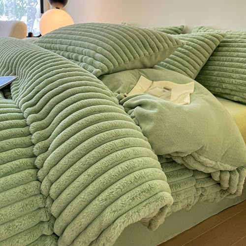 GETIYA Winter Bettwäsche 155x220 Langhaar Flanell Bettwäsche Gestreift Muster Plüsch Bettwäsche Grün Cashmere Touch Warm Bettwäsche Plüsch Bettbezug Grün mit 1 Kissenbezug 80x80