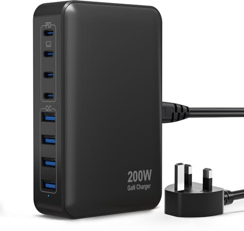 200W USB Charging Station, 8 Port USBC Charger Hub, PD+QC USB Fast GaN Charging (4 USBC+4 USBA), MultiPort Charger Compatible with MacBook Pro/Air,ThinkPad,Google Pixel,Samsung,iPhone,iPad,Tablet