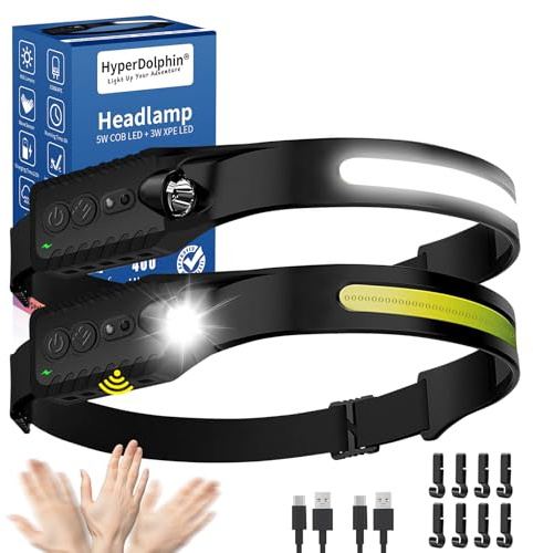 Head Torch Rechargeable [2 Pack], 400 Lumen Waterproof LED Headlamp with Motion Sensor, 230° headband light, 5 Lighting Modes, Long Runtime, Lightweight Headlight for Adults for Running Fishing Hiking