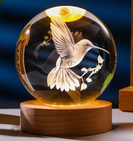Hekasvm 3D Kristallkugel mit LED-Licht, Schneekugel Nachtlicht Deko mit Holzsockel, Leuchten Lasergeätzte Kugel Lampe, Stilllicht Nachttischlampe, Glaskugel Deko für Basteln Geschenk (Kolibri)
