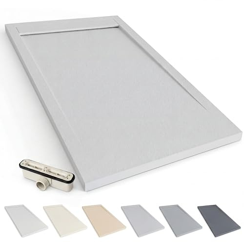 NEBADOON Plato de Ducha Resina Venecia Antideslizante 80x100 Gris Claro | Antibacteriano, textura pizarra cálida al tacto, válvula 60 l/min incluida, corte a medida, fabricado en España