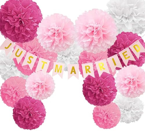 16 Stück Pompons Deko WISIRENT, Papier Pompons Just Married Deko, Girlande Rosa Pom Poms Papierblumen Pompoms Partydeko, Autoschmuck Hochzeit und Luftschlangen Goldstaub Deko für Hochzeiten, Partys