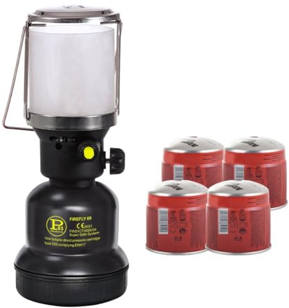 INTEC - Gaslampe 1100 W + 4 Butangaskartuschen 190 g – Piezo-Zündung, Metallgehäuse, Campinglampe, wiederaufladbar, für den Außenbereich